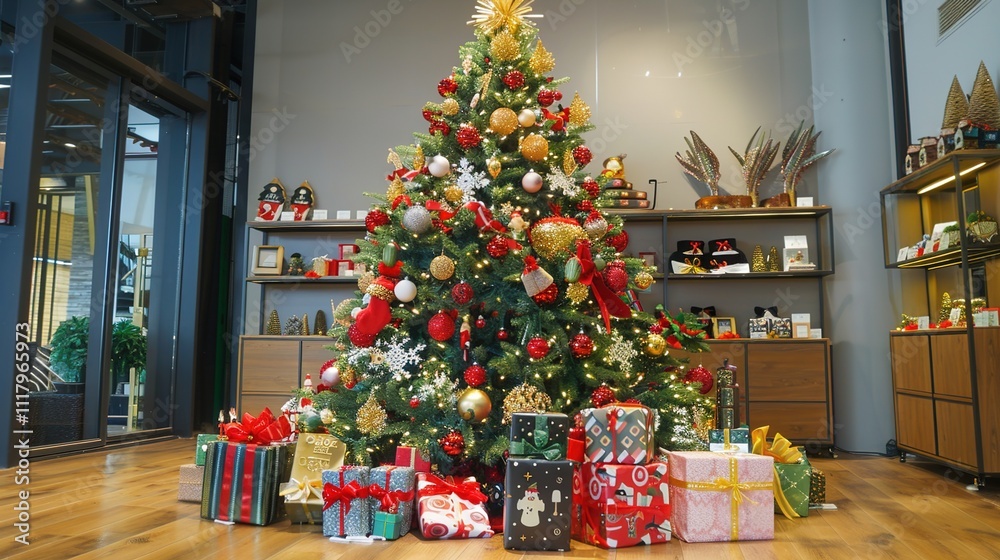 Big beautiful Christmas tree decorated with beautiful shiny baubles and many different gifts on wooden floor. White wall background with plenty of copy space for text. close up