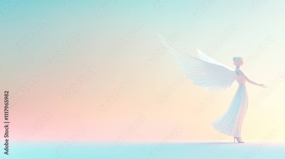 Ethereal Angelic Figure with Expansive Wings in Pastel Skies Ethereal Angelic Figure with Expansive Wings in Pastel Skies