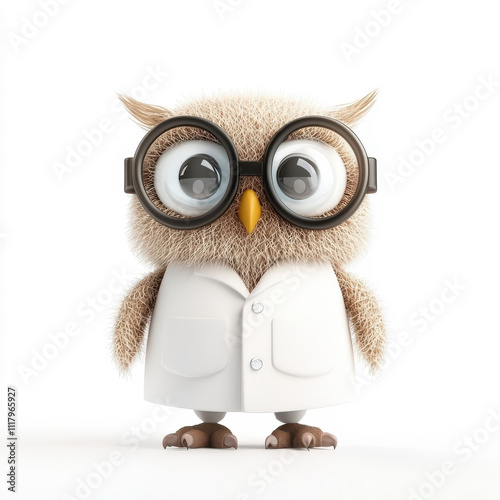 Cute cartoon owl with glasses wearing a lab coat, symbolizing wisdom and science, standing against a clean white background, perfect for educational themes photo