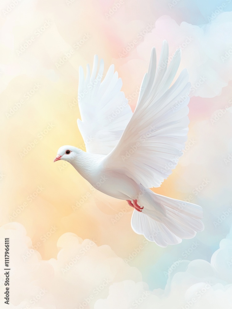 Fototapeta premium Graceful White Dove Gliding Through Soft Pastel Colored Skies