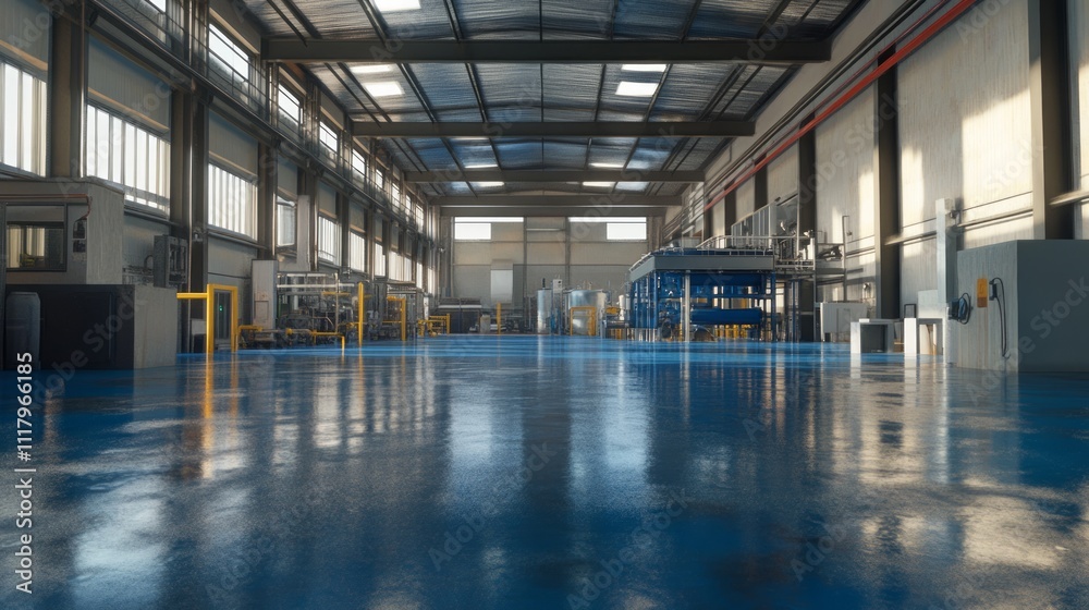 Modern industrial factory interior with shiny floor and machinery.