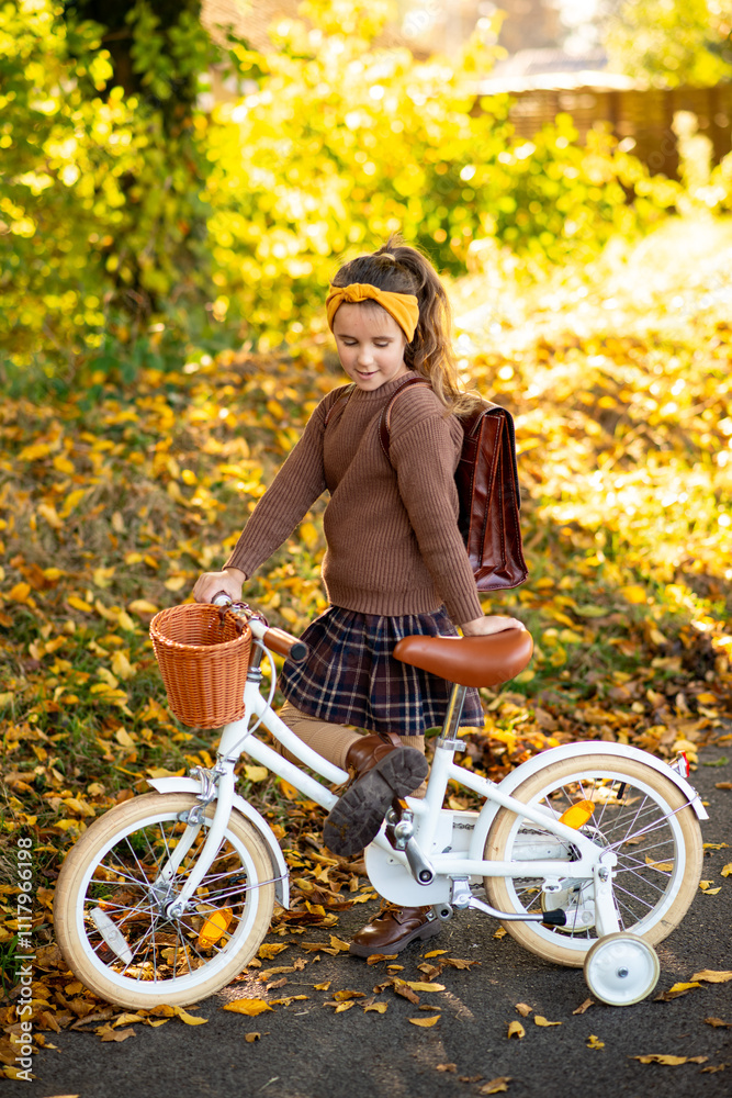 Obraz premium Little girl with a bicycle in the autumn forest. retro style clothes and bike