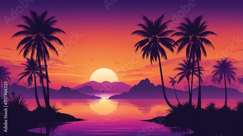 A stylized sunset over water with palm trees silhouetted against the gradient sky