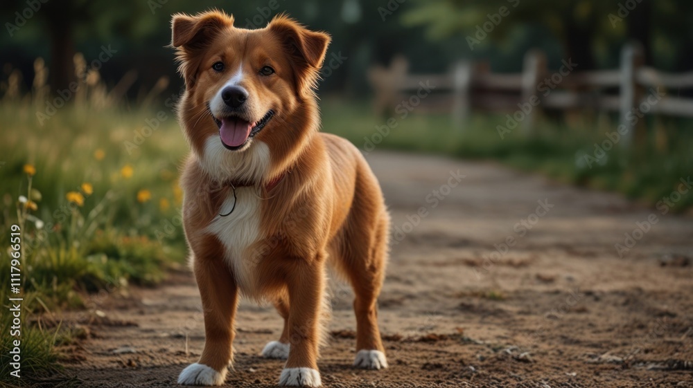 Naklejka premium Happy red dog standing on dirt path.