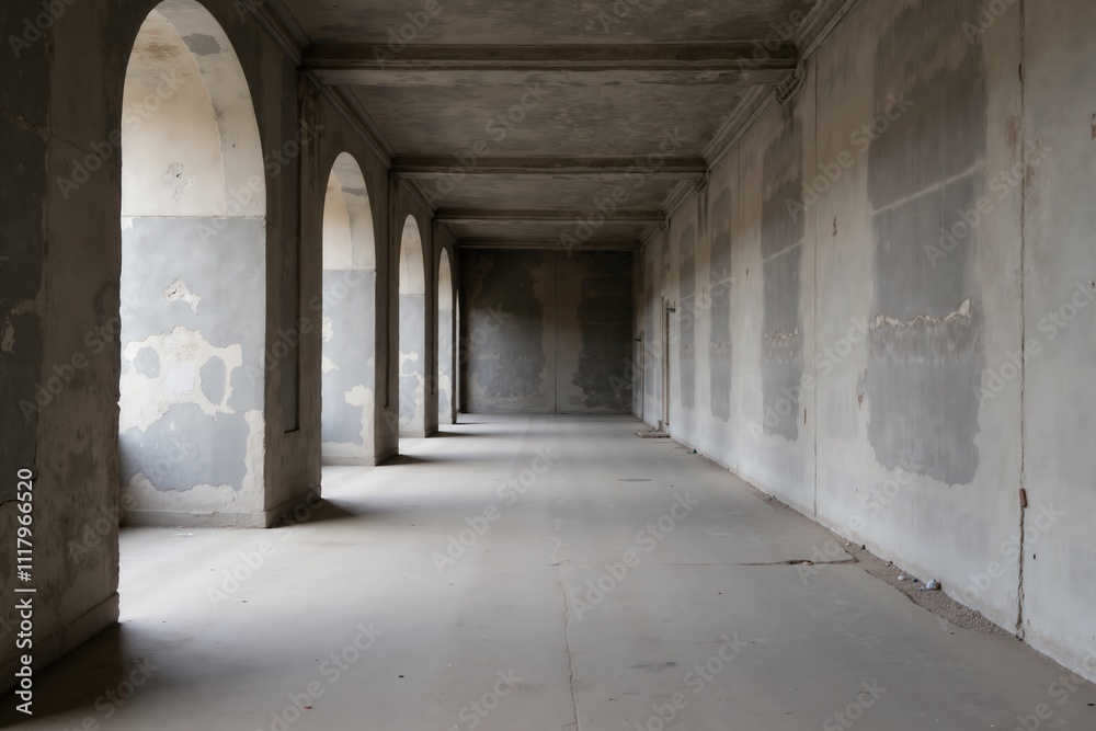 Abandoned hallway with archways and weathered walls in soft light Abandoned hallway with archways and weathered walls in soft light
