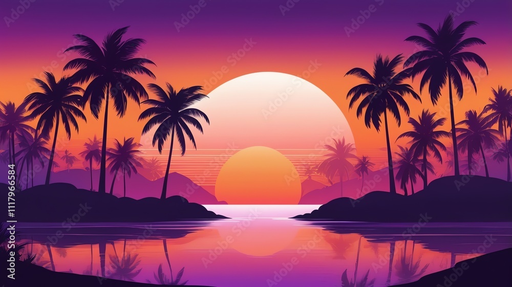 Naklejka premium A stylized sunset over water with palm trees silhouetted against the gradient sky