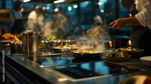 Chef preparing food in a professional kitchen, steaming pans on induction cooktop.