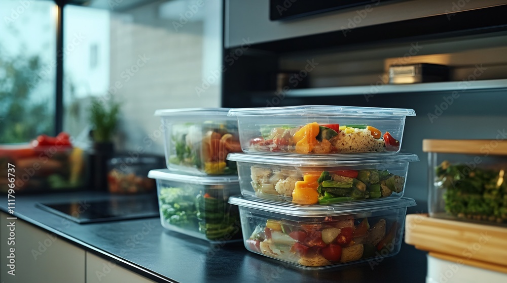 Healthy Meal Prep Containers with Fresh Vegetables on Kitchen Counter Healthy Meal Prep Containers with Fresh Vegetables on Kitchen Counter