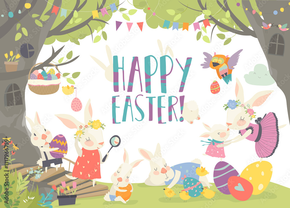 Obraz premium Happy bunnies celebrating Easter. Vector illustration