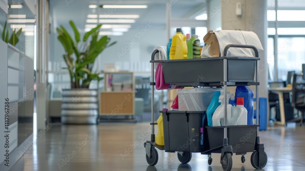 Professional janitorial cart loaded with cleaning supplies in a corporate office environment Professional janitorial cart loaded with cleaning supplies in a corporate office environment