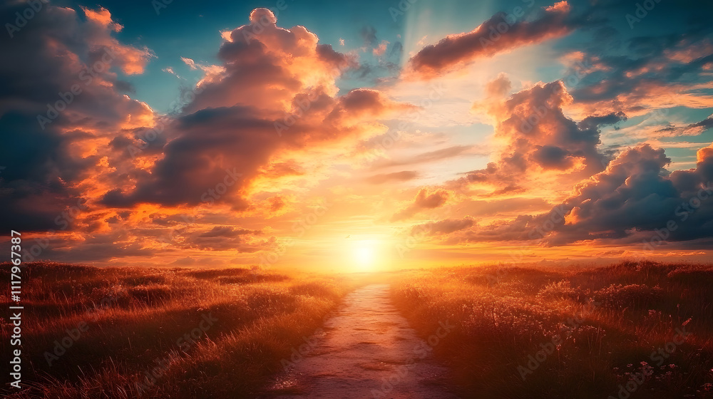 Fototapeta premium A vibrant sunset paints the sky above a serene countryside path, casting golden hues amidst the clouds, reflecting tranquility and the beauty of nature.