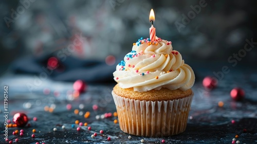 Single vanilla cupcake with buttercream frosting, sprinkles, and lit candle on dark background. photo