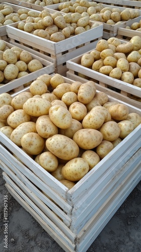 Crates filled with freshly harvested organic potatoes are arranged at a bustling market stand featuring farm produce