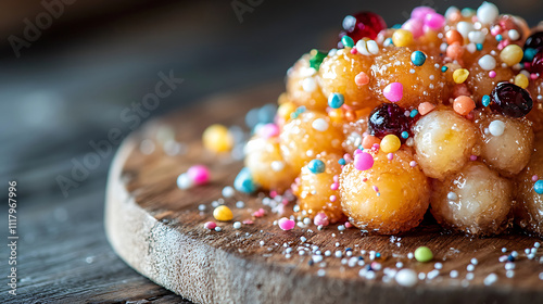 Close-up of struffoli with visible honey glaze, colorful sprinkles