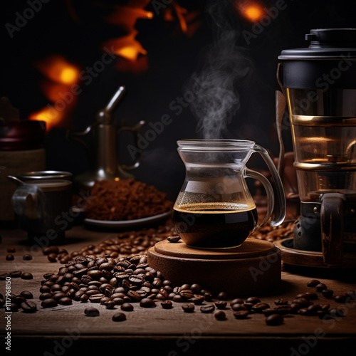 Café caliente, granos y molido