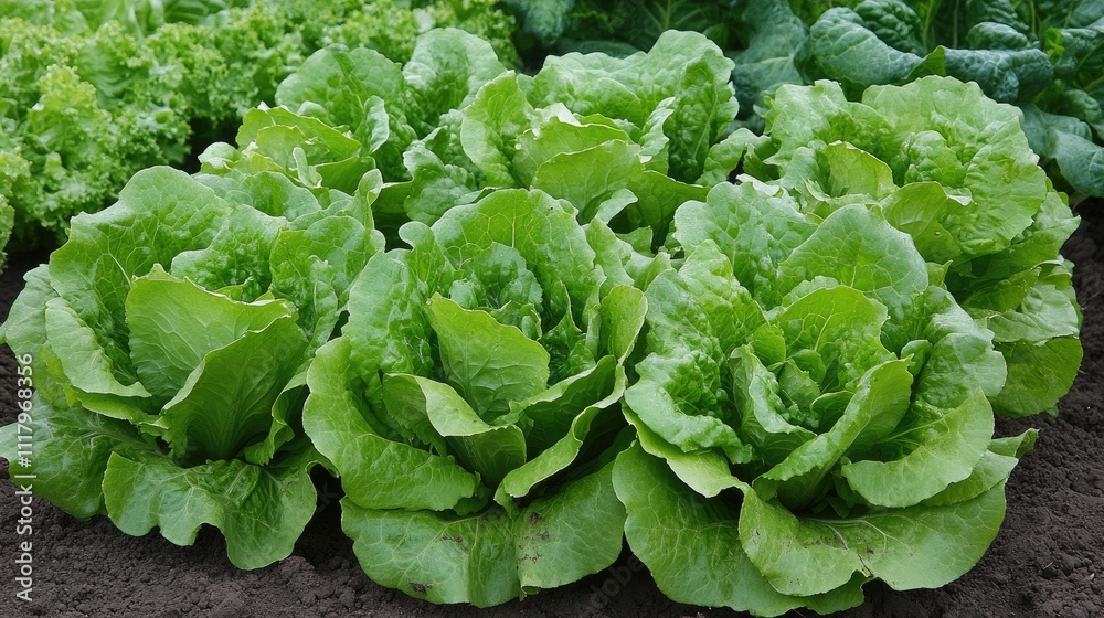 Rows of lush green lettuce grow on fertile land, surrounded by various salad vegetables under bright sunlight on the farm Rows of lush green lettuce grow on fertile land, surrounded by various salad vegetables under bright sunlight on the farm