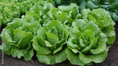 Rows of lush green lettuce grow on fertile land, surrounded by various salad vegetables under bright sunlight on the farm