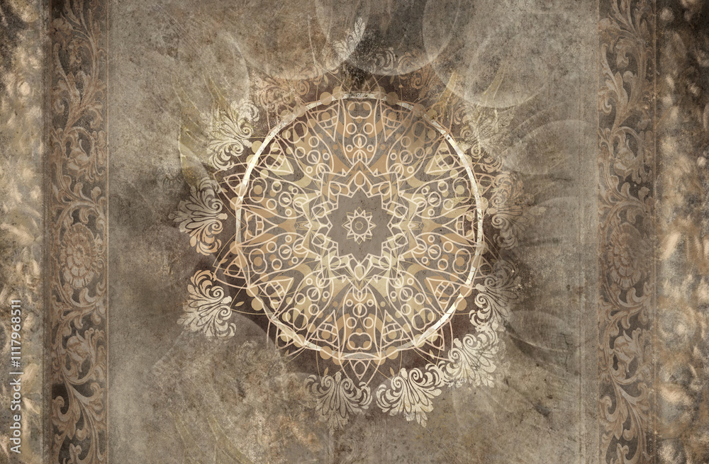 This artistic image showcases an elegant mandala at its center, surrounded by floral motifs. The vintage, faded backdrop enhances the serene and contemplative feel This artistic image showcases an elegant mandala at its center, surrounded by floral motifs. The vintage, faded backdrop enhances the serene and contemplative feel