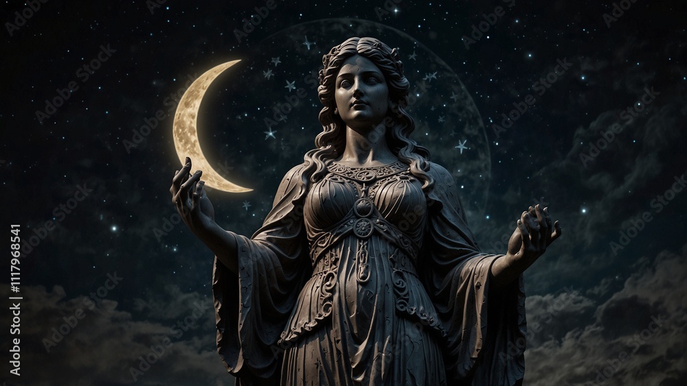 Statue of Hecate, the goddess of night, holding the moon and stars in both hands, with a backdrop of the pitch-black night sky and mystical symbols, with carvings depicting her as the protector of nig Statue of Hecate, the goddess of night, holding the moon and stars in both hands, with a backdrop of the pitch-black night sky and mystical symbols, with carvings depicting her as the protector of nig
