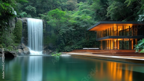 Modern villa with minimalist design, located next to a secluded waterfall in the middle of a dense green forest background AI generated image