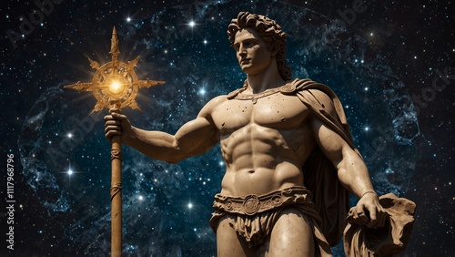 Statue of Apollo, the god of prophecy, holding a solar disk and staff in both hands, with a backdrop of stars and symbols of future divination, with carvings depicting him as the god of prophecy and w photo