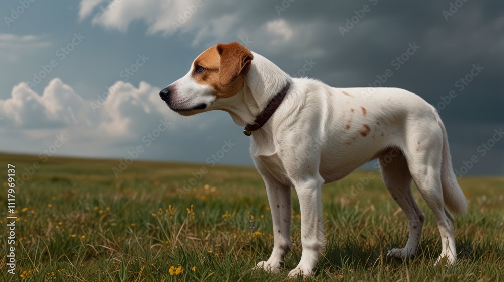 White and tan dog standing in a field under a stormy sky. White and tan dog standing in a field under a stormy sky.