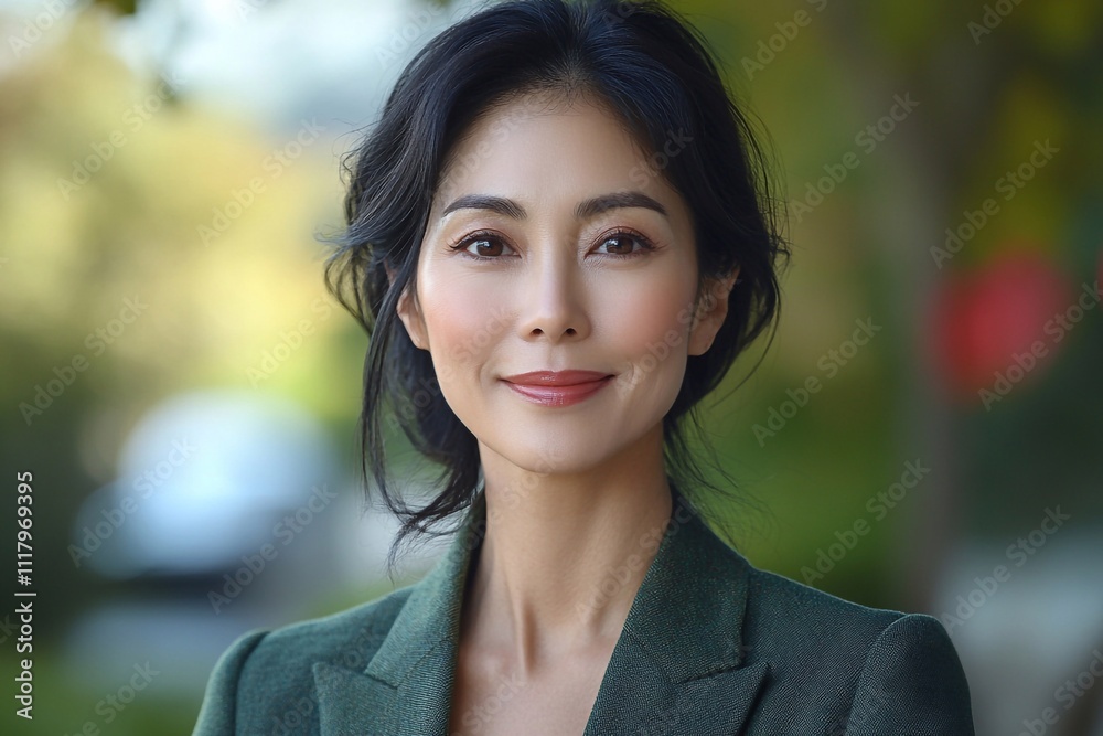 Headshot of an Asian woman with black hair, smiling and wearing business casual attire in a green blazer, standing outside on the campus during wildflower season. She is looking directly into the came Headshot of an Asian woman with black hair, smiling and wearing business casual attire in a green blazer, standing outside on the campus during wildflower season. She is looking directly into the came
