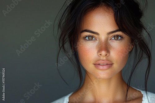 Headshot of a beautiful woman with light brown skin and black hair, wearing a white shirt. Professional photography with a solid background.