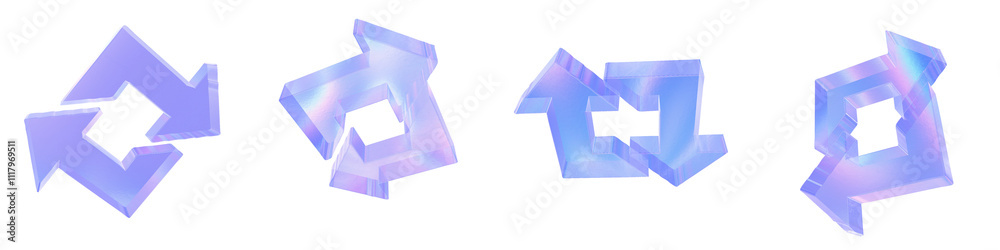 Set of 4 3d glass combine left and right arrows shape with aberration effect isolated on a transparent background. Blue tone. 3d transparent elements for graphic design. Set of 4 3d glass combine left and right arrows shape with aberration effect isolated on a transparent background. Blue tone. 3d transparent elements for graphic design.
