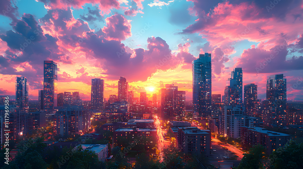 Obraz premium city, skyline, sunset, cityscape, night, building, sky, urban, skyscraper, view, architecture, buildings, downtown, new york, business, landscape, travel, dusk, new, clouds, hong kong, nyc, manhattan,