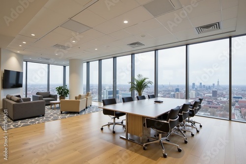 Modern office conference room with city view and contemporary furniture setup