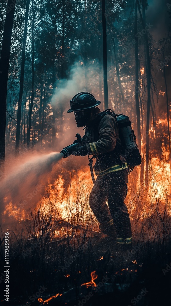 Firefighter battling a wildfire in a dense forest during early evening hours