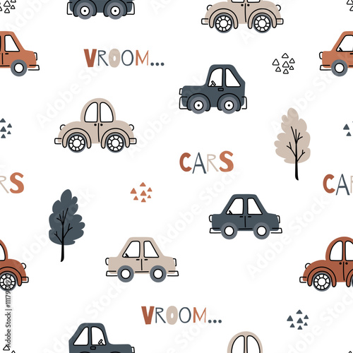 Seamless pattern with doodle cars for kids. Perfect for wrapping paper, baby bedding, textiles. Vector illustration