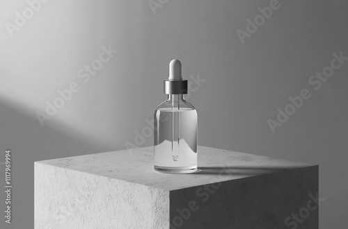 Render of spa bottle with perfume, essential oils or serum with a pipette stands on podium-natural stone on a white background, aesthetic style, concept for spa, massage or skincare. mock up