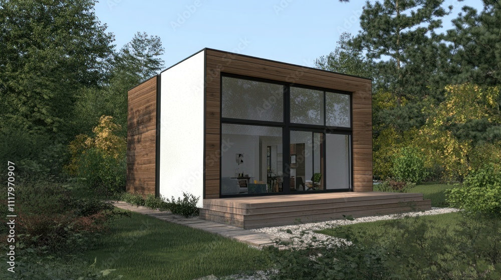 A two-story minimalist modern house with a symmetrical design, featuring an open floor plan and large windows, background AI generated image A two-story minimalist modern house with a symmetrical design, featuring an open floor plan and large windows, background AI generated image