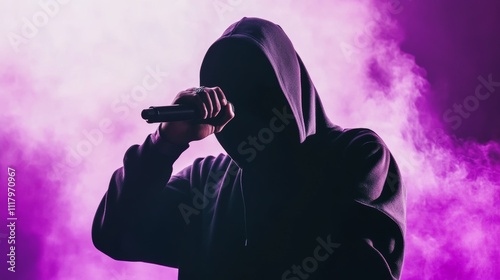 Unrecognizable hip hop artist with microphone performing on stage, live music concert, energetic performance, rapper and crowd interaction, urban music and entertainment photo