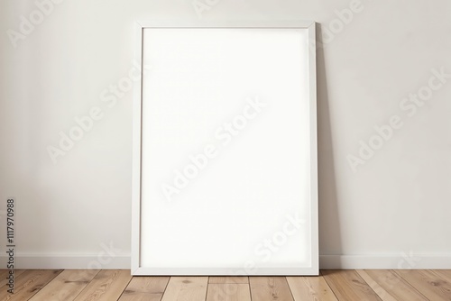 Minimalist blank picture frame on wooden floor against white wall