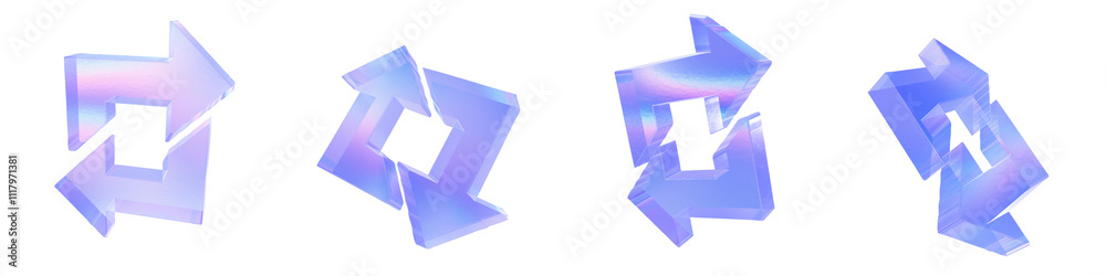 Set of 4 3d glass combine left and right arrows shape with aberration effect isolated on a transparent background. Blue tone. 3d transparent elements for graphic design. Set of 4 3d glass combine left and right arrows shape with aberration effect isolated on a transparent background. Blue tone. 3d transparent elements for graphic design.