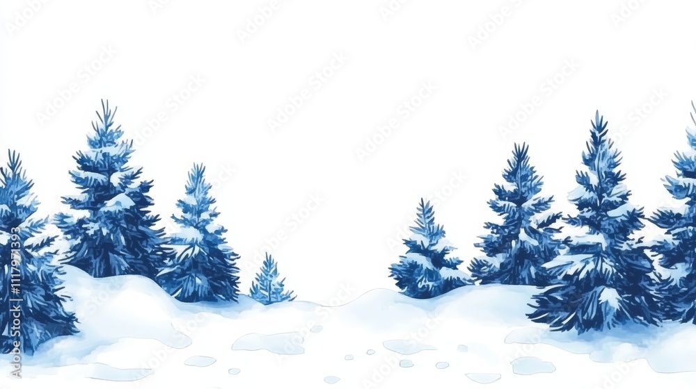 Fototapeta premium Watercolor illustration of a peaceful snowy coniferous forest landscape, showcasing snow-covered pine trees a serene winter panorama. A tranquil winter scene depicting nature’s beauty in cold months