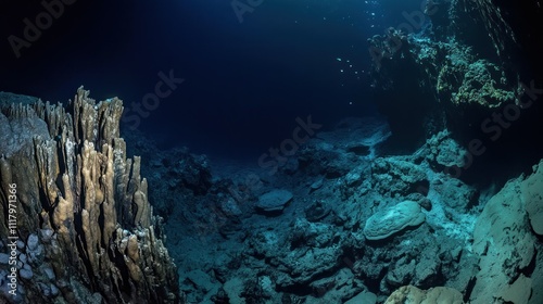 Seabed in the Mariana Trench. The image shows a wide, dark ravine with steep rock formations, background wallpaper AI generated image