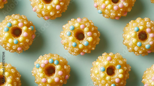Bright, close-up of individual struffoli balls with a shiny honey coating and colorful nonpareils