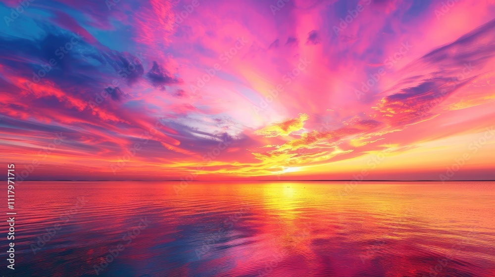 Fototapeta premium A vibrant sunset over a serene lake, with the sky painted in shades of pink, orange, and purple