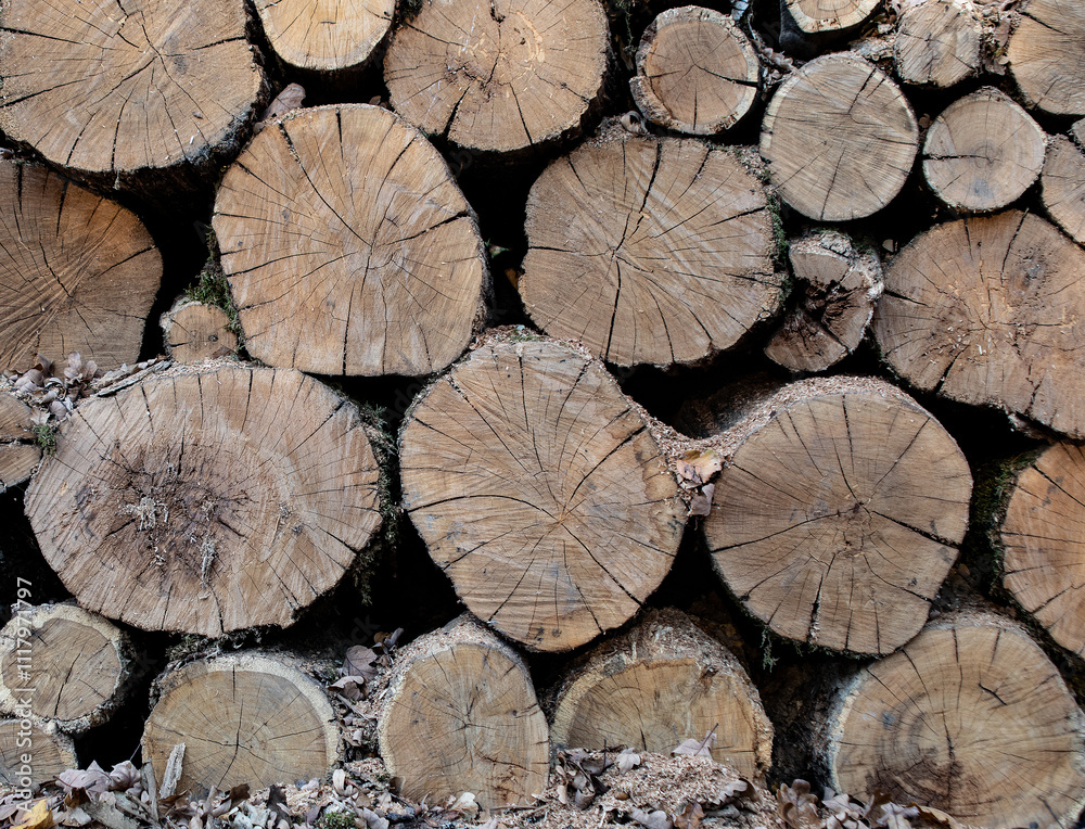 pile of sawn pine trunks. End view.