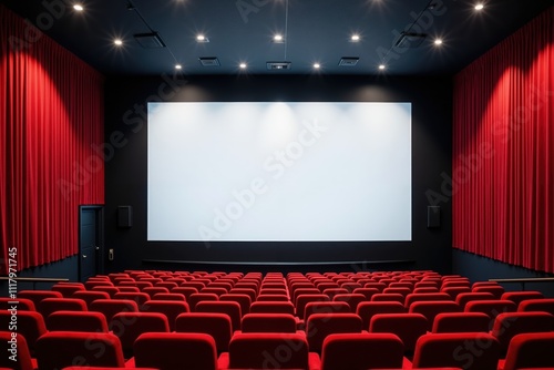 Empty movie theater with red seats and blank screen ready for film screening