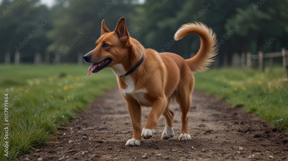 Happy brown dog walking on a path. Happy brown dog walking on a path.