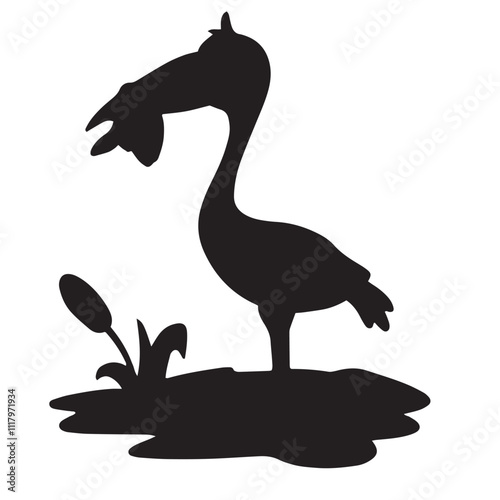 Cute cartoon heron catching fish silhouette icon.