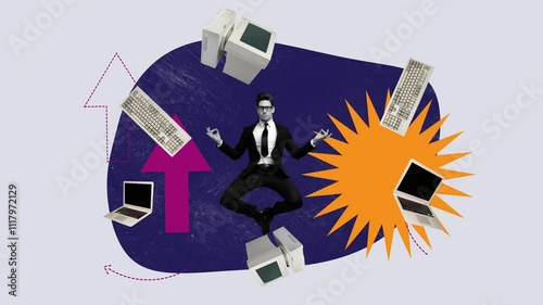 Motion poster art collage video of serious businessman jump lotus pose workload multitask monitor pc laptop workaholic
