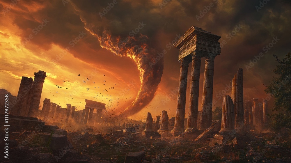 Fototapeta premium A dramatic scene of ancient ruins under a swirling stormy sky at sunset.