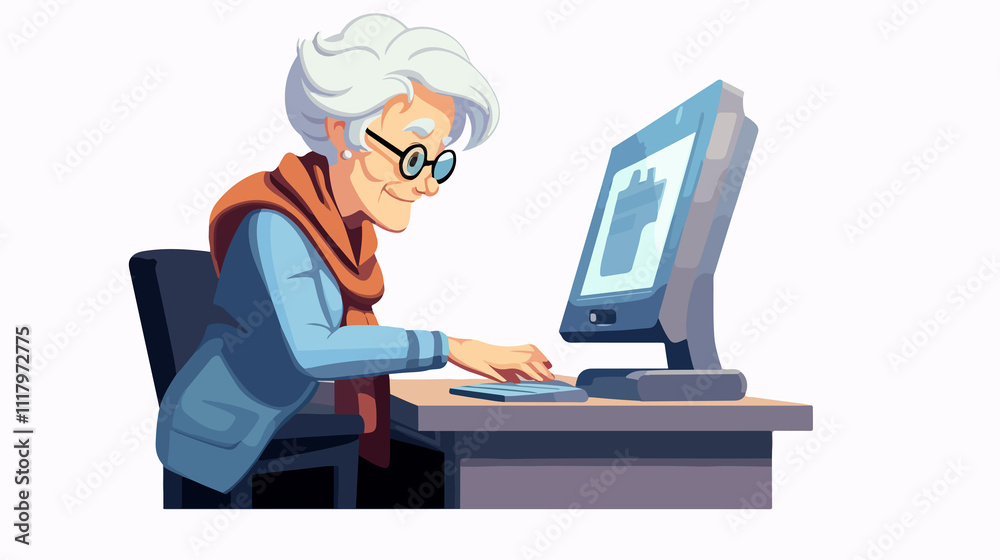 Elderly woman using desktop computer in a cartoon illustration for digital technology concept Elderly woman using desktop computer in a cartoon illustration for digital technology concept