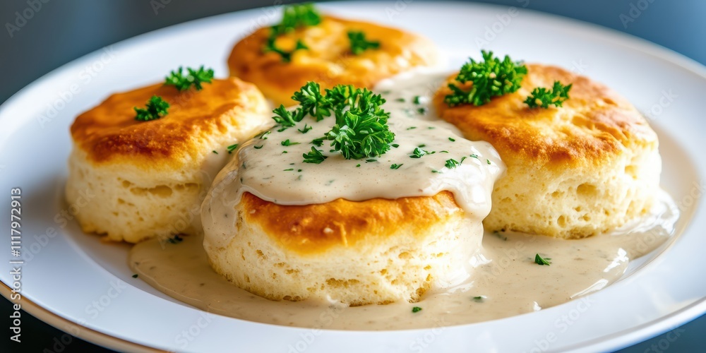 Delicious Biscuits with Creamy Gravy and Fresh Parsley Garnish Delicious Biscuits with Creamy Gravy and Fresh Parsley Garnish